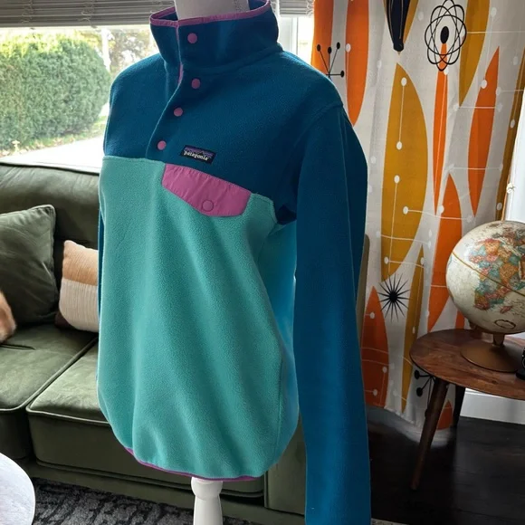 Patagonia Synchilla Womens Teal and Pink Snap Fleece Pullover Small - Picture 12 of 14